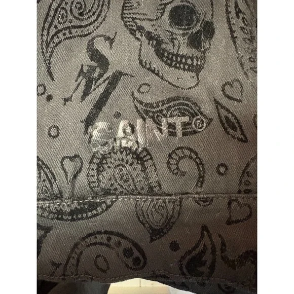 Saint Morta Button Front Sherpa Jacket Mens Black Paisley Skulls Pockets Large
